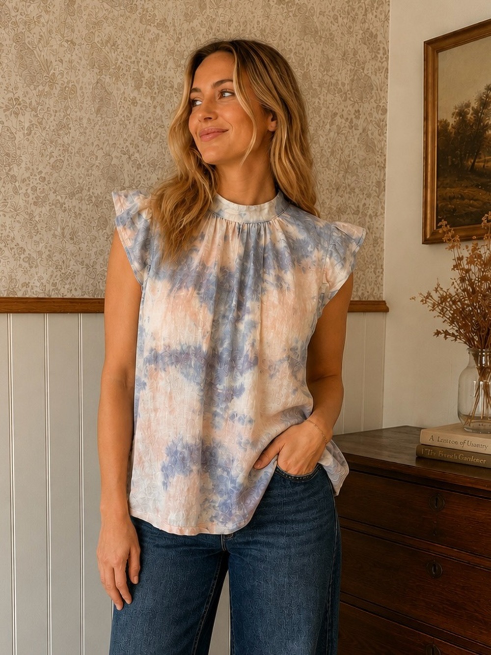 cloth & stone Blue and Peach Tie-Dye Ruffle Cap Sleeve Blouse